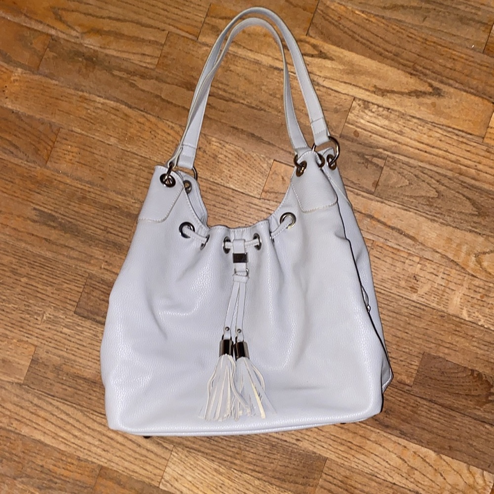 Charming Charlie Gray Silver Hobo Bag with Drawstring Closure and Tassel